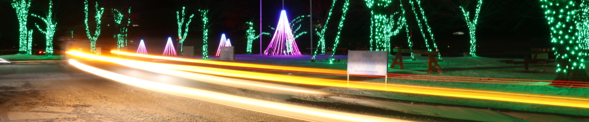 Light trail photograph of a car passing by the trees on blockhouse island lit up with christmas lights during the River of Lights in Brockville