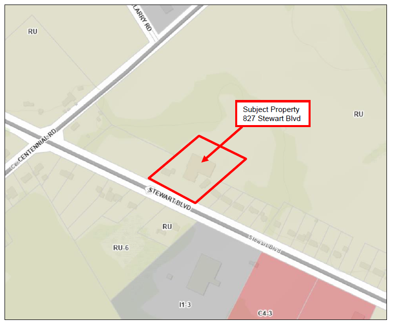 map view of the corner of Stewart Boulevard and Centennial Road in Brockville showing the subject property of 827 Stewart Boulevard selected with a red box outline indicating the property in question