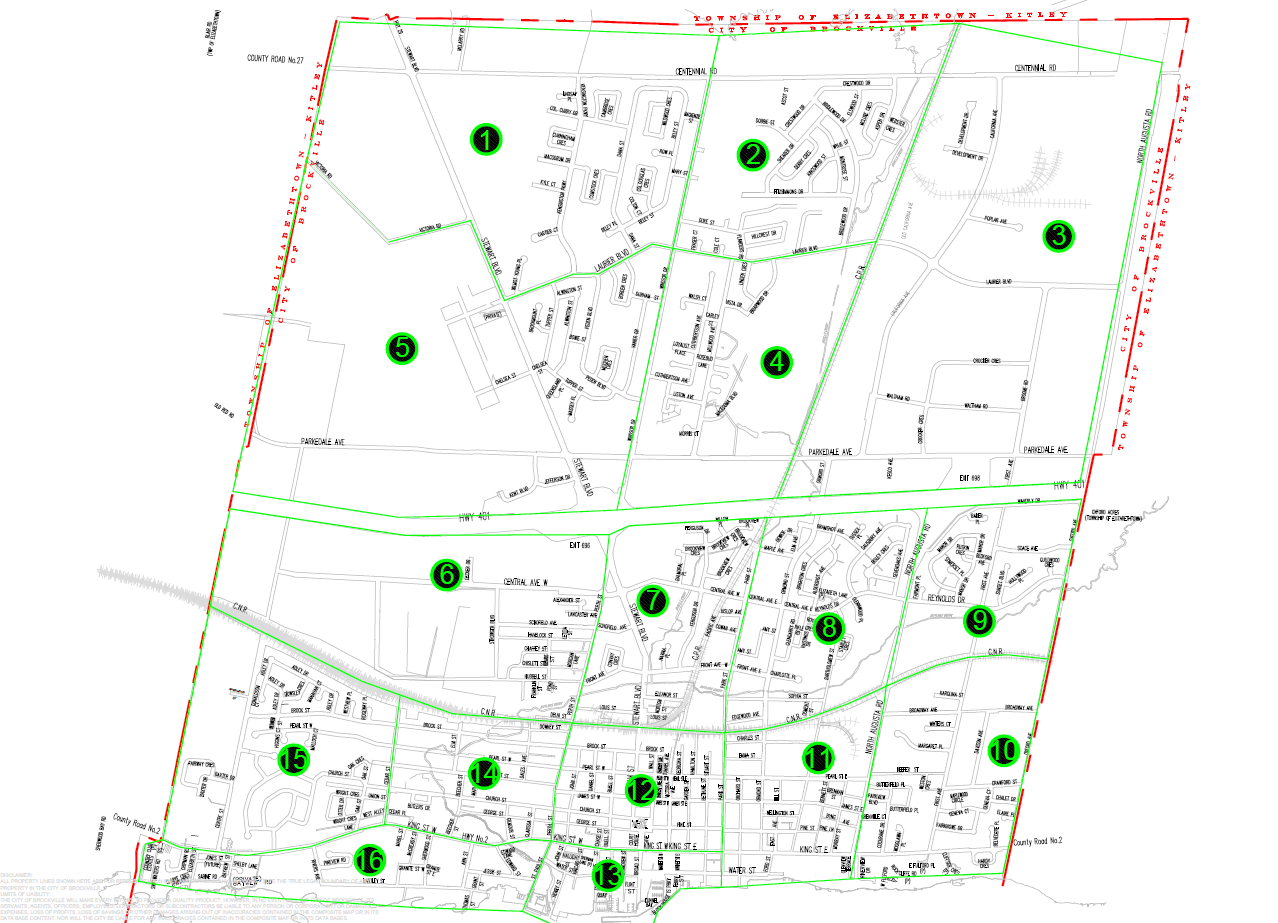 City of Brockville map divided into 16 zones for tree trimming maintenance cycles. The map shows the city limits and major roads, divided by green lines into 16 zones 