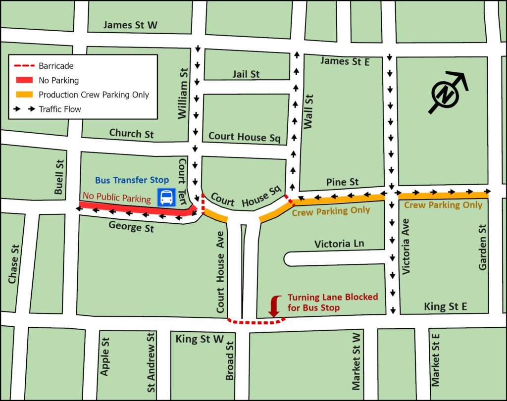 road map of courthouse avenue in Brockville showing the location of street closure barricades, along with parking restrictions and location of the bus transfer station